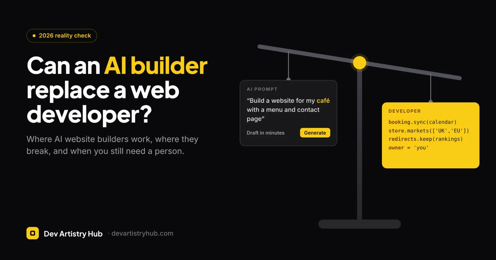 Split scale weighing an AI prompt box against a developer's code editor, showing where AI website builders work and where they break