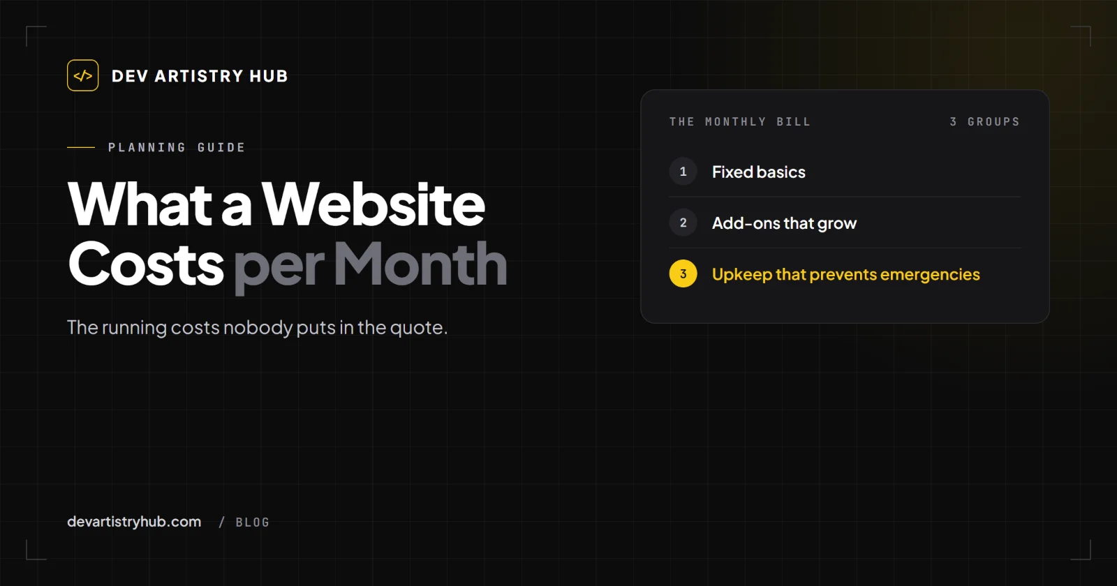 Dev Artistry Hub cover: How much does a website cost per month, the running costs after launch