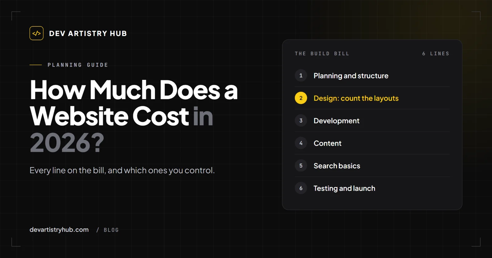 Dev Artistry Hub cover: How much does a website cost in 2026, the lines on the bill