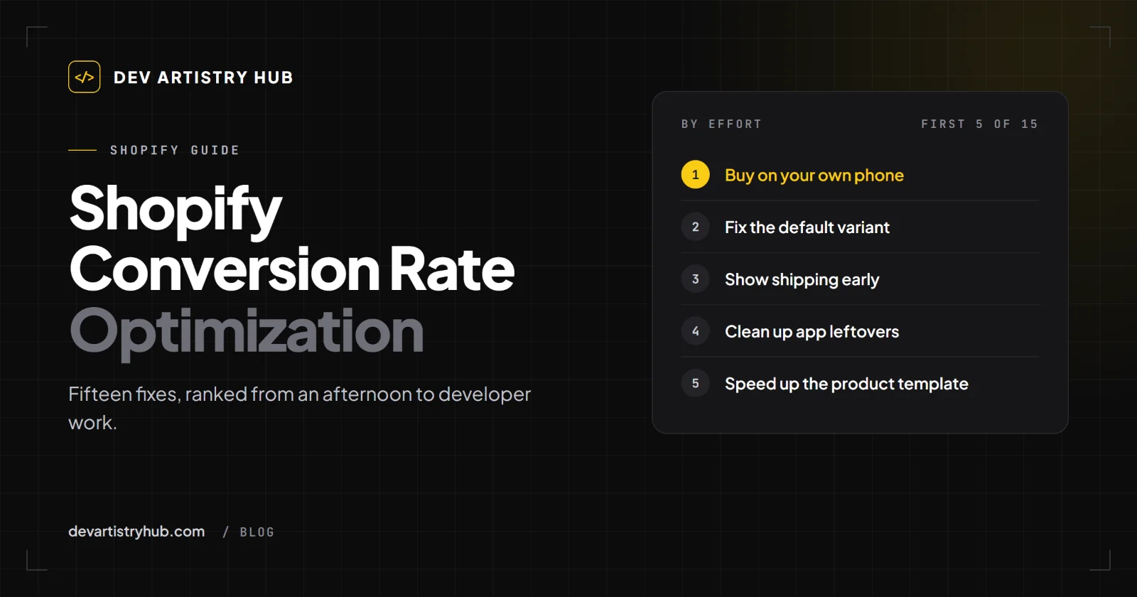 Dev Artistry Hub cover: Shopify conversion rate optimization, 15 fixes ranked by effort