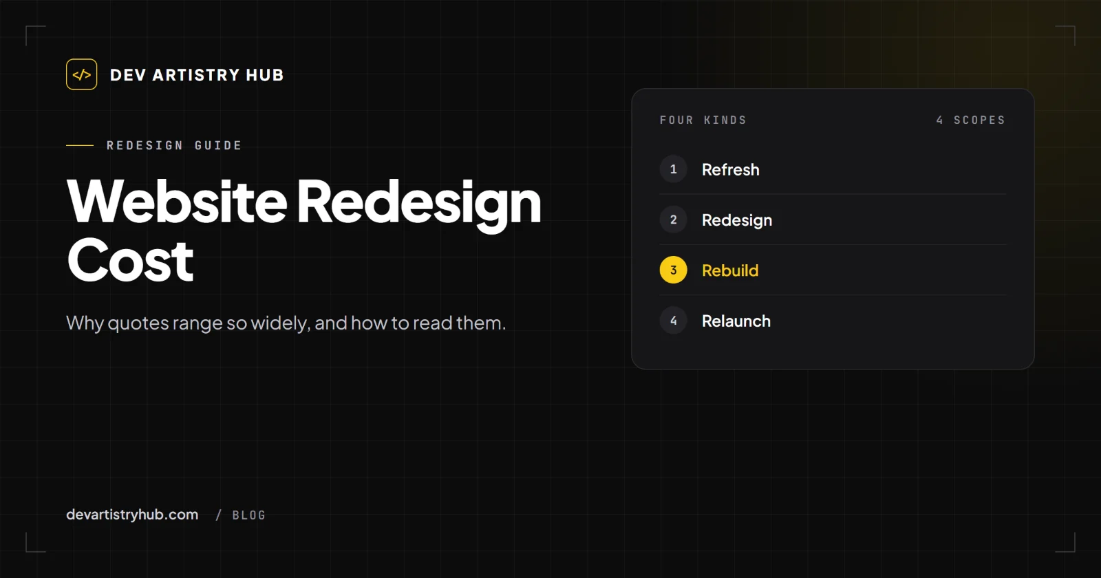 Dev Artistry Hub cover: Website redesign cost, how to read and compare quotes