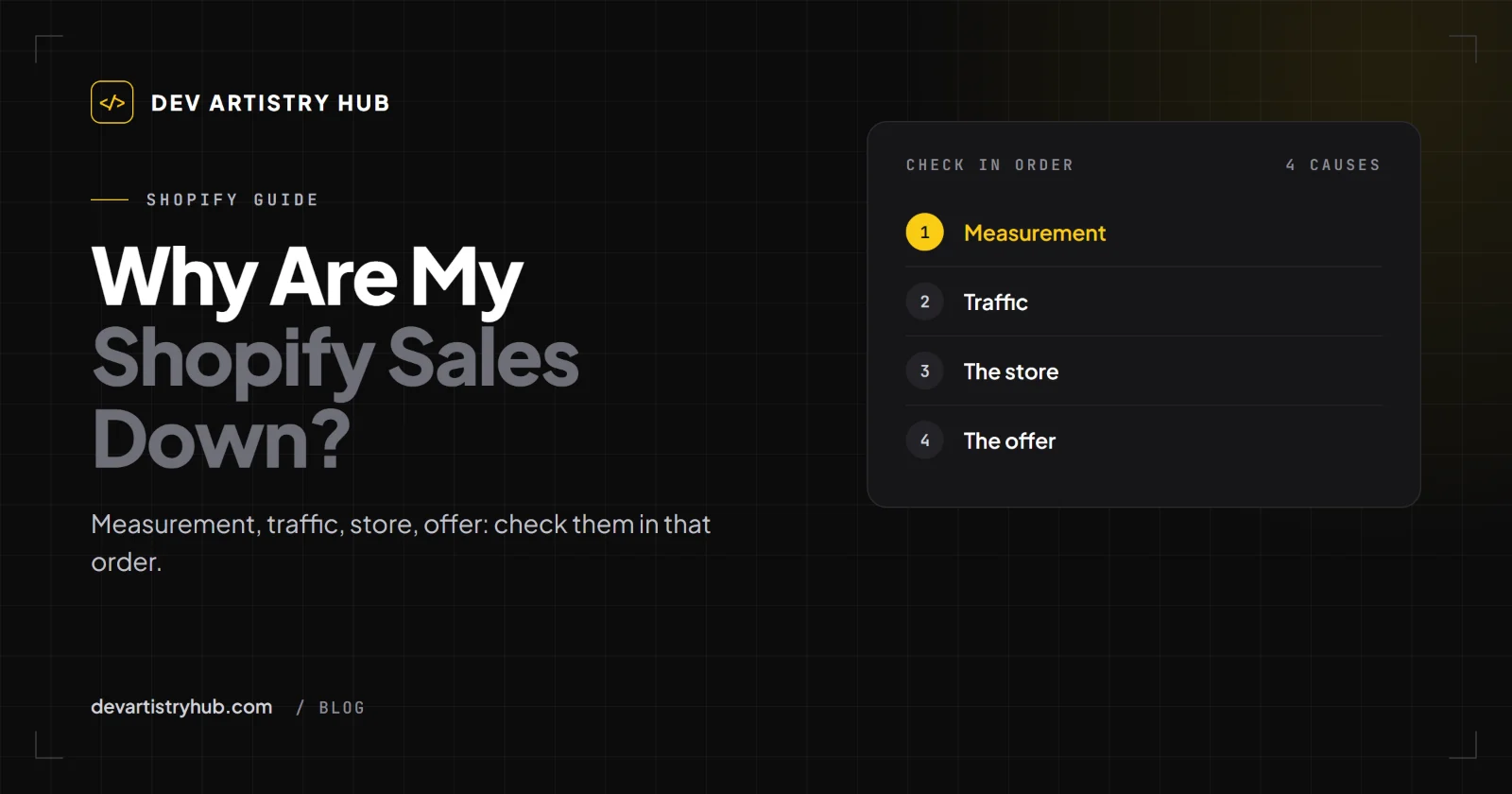 Dev Artistry Hub cover: Why are my Shopify sales down, a diagnosis checklist
