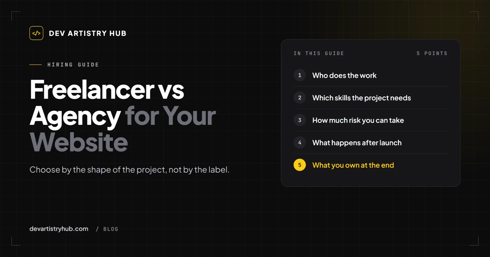 Dev Artistry Hub cover: Freelancer vs Agency for Your Website, with a list of what to compare before hiring
