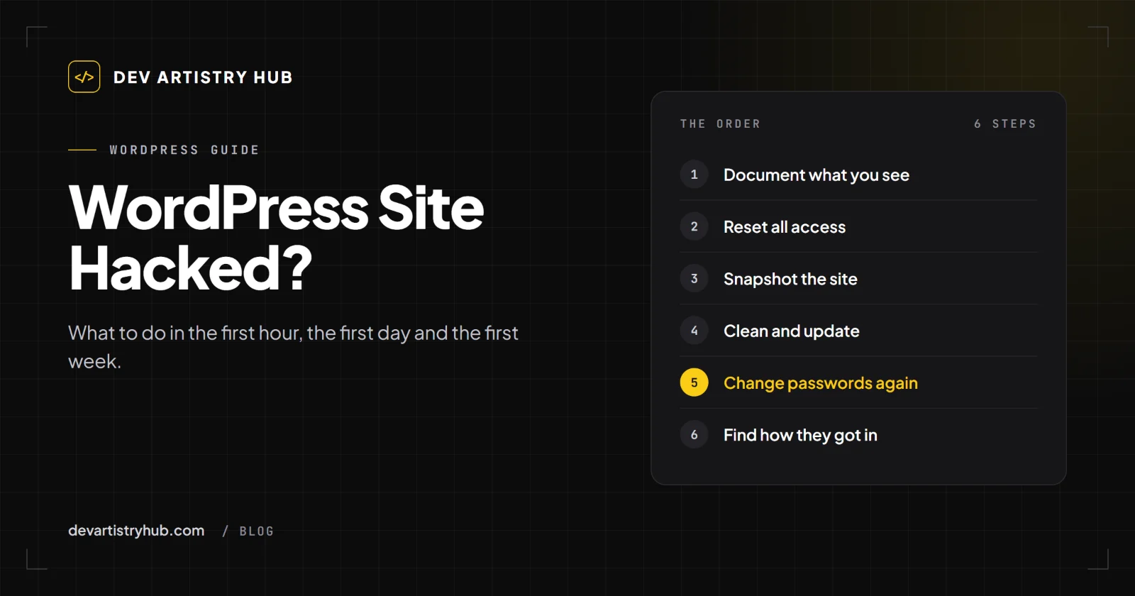 Dev Artistry Hub cover: WordPress site hacked, what to do in the first hour, day and week